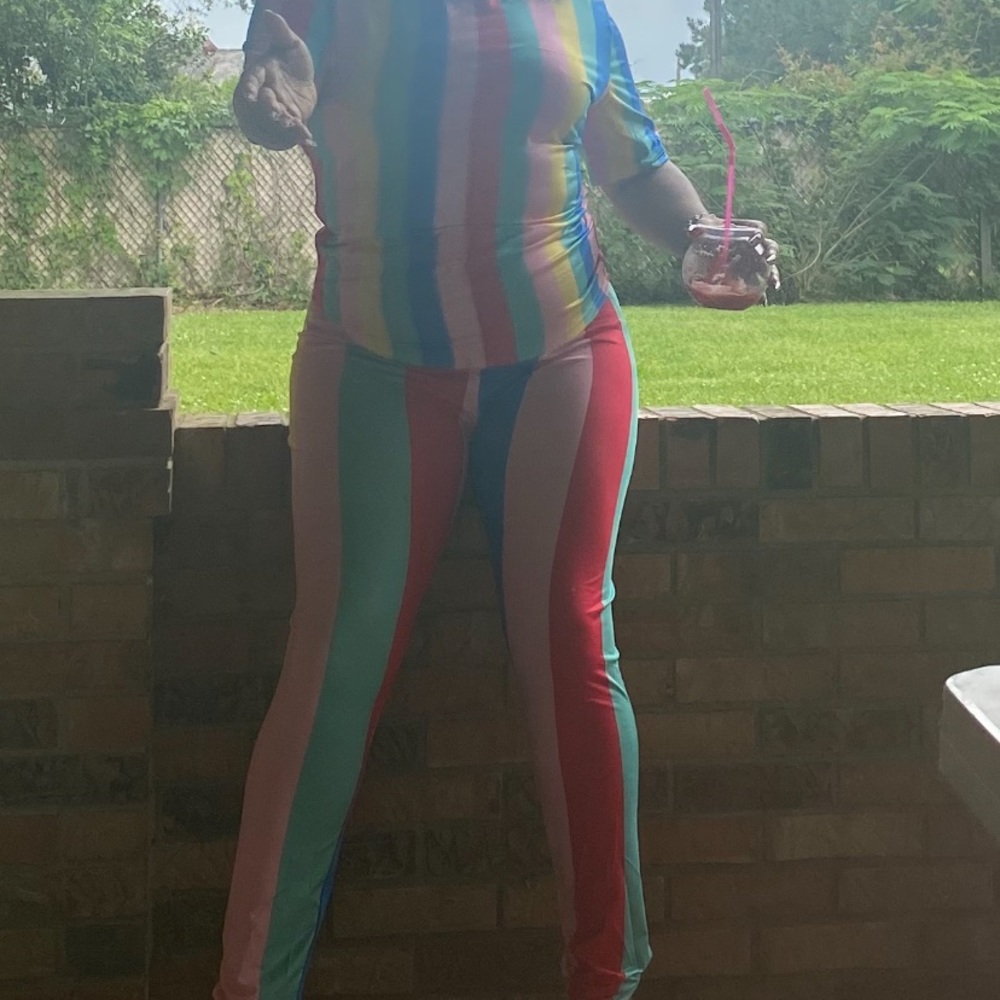 Multi colored two piece outfit. Stretchy material